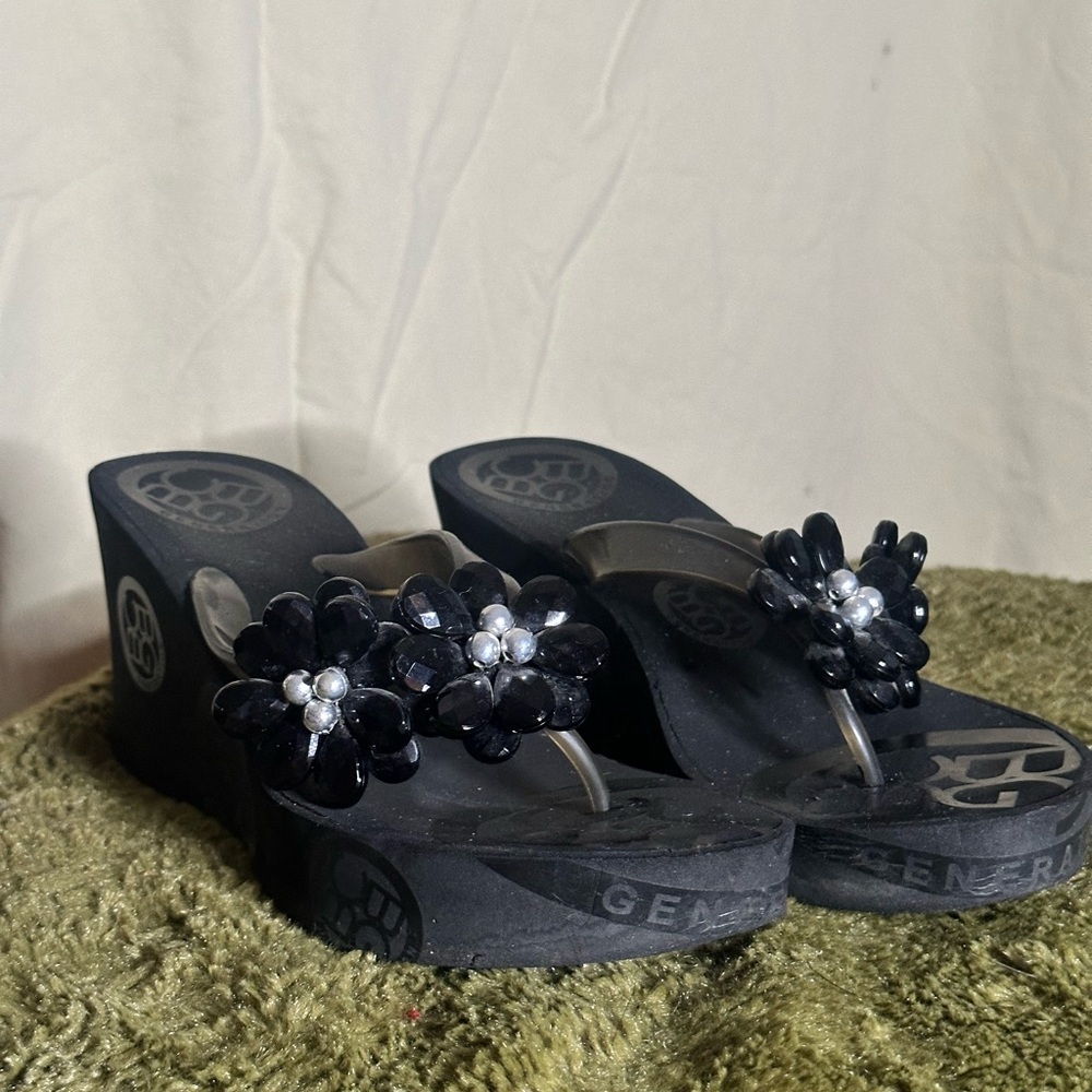 BCBG Black Wedge Flower Jewel Sandals